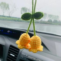 Lily Car Hanging Rearview Mirror Pendant Hand Crocheted Car Supplies Wool Woven Pendant (Option: Yellow Linglan 2 Flowers)