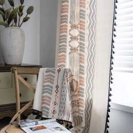 Boho Cream Cotton And Linen Print Sun Shade Non-punched Curtain Fabric (Option: Perforated fringed curtains-W150xH280CM)